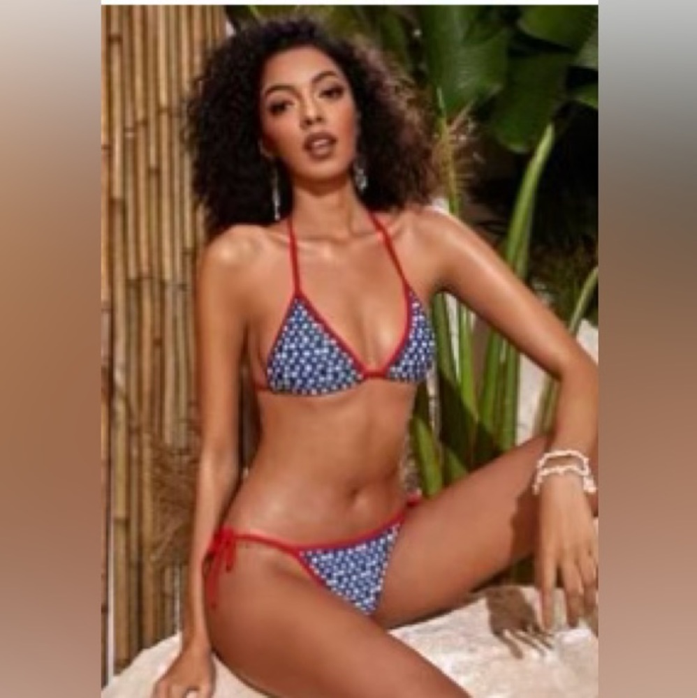 NWOT Allover Star Print Triangle Tie Side Bikini Swimsuit
Color: Red/Blue/White